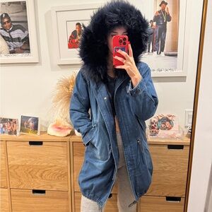 Super Warm Fur Lined Blue Denim Parka with Hood
